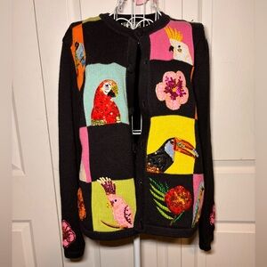 Vintage Berek Black Multicolor Hand Crafted Bird Cardigan